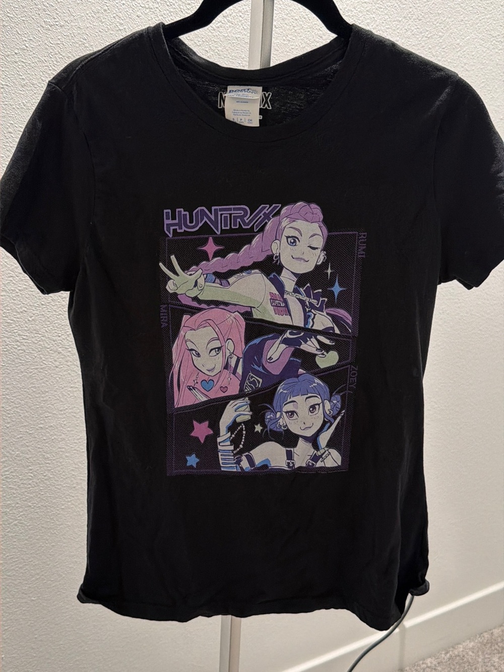 Port and Company Black Tee with Purple & Pink Anime Graphic